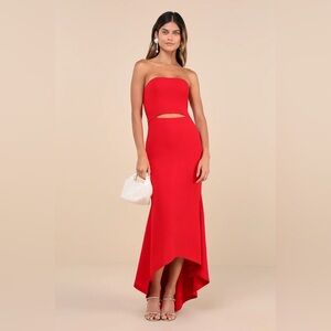 Lulus Gorgeous Existence Red Strapless Cutout High-Low Maxi Dress
